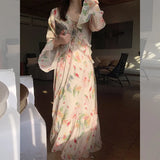 DAIIIBABYYY  -  Afternoon Garden Spring/Summer Gentle Trumpet Sleeves Fragmented Flower Dress with Ruffle Edge Long Dress
