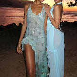 Daiiibabyyy  High Split Irregular Slim Beach Dress Elegant Sequins Print Backless Long Dresses Sexy V-neck Sleeveless Suspender Dress
