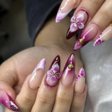 Daiiibabyyy  24Pcs Mid-length Almond Fake Nails French 3D Flower Starfish Design Press on False Nails Pearl Detachable Full Cover Nails Tips