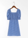 Daiiibabyyy  Retro French Style Blue Floral Print Square Collar Dress Puff Sleeve Elastic Ruched Chest Woman Dresses Holiday Robe Female