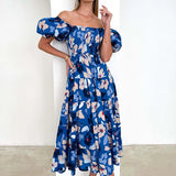 Daiiibabyyy  Casual Women Sweet Spring Puff Short Sleeve Party Dress 2025 Female Big Hem Dress Elegant One Shoulder Floral Print Long Dress