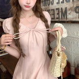 Daiiibabyyy  Women's Clothing French Style V-Neck Long Dress Stylish Drawstring Bow Summer Short Sleeve Vintage Elegant A-Line Waist Dresses