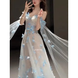 Daiiibabyyy  Fairy Blue A-line Evening Gown Dresses Fashion 3D Followers Wedding Dress Simple Photo Shoot Floor-Length Birthday Party Dress