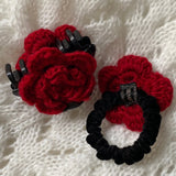 Daiiibabyyy  1pc Elegant Wine-Red Flower Hair Tie with Gold Label & Velvet, French Atmosphere Handmade Wool Rose Claw Clip, New-Style Hair Co