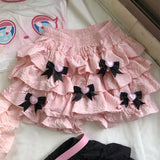 DAIIIBABYYY  -  Japanese Sweet Fresh Lolita New Summer Spliced Elasticized High-waisted Bow Folds Fashion Solid Color Casual Cake Skirts