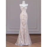 Daiiibabyyy  Sexy Champagne Sequins Prom Dresses Sweetheart Strapless Open Back Evening Party Dress Mermaid Sleeveless Formal Occasion Dress