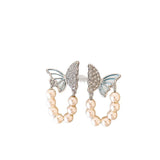 Daiiibabyyy  Exquisite White Imitation Pearl Beaded Tassel Pendant Earrings for Women Fashion Butterfly Inlaid Rhinestone Earrings Jewelry