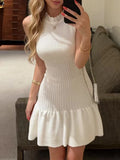 Daiiibabyyy  Women Fashion Hight Waist Sweet Mini Dress Casual Sleeveless Solid Color A-Line Dress Elegant O-neck Lace Trim Knit Short Dress