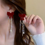 DAIIIBABYYY  -  Wine Red Flocking Bow-knot Rhinestone Pearl Tassel Drop Earrings for Women Korean Fashion Winter New Year Party Earring Jewelry