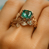 Daiiibabyyy  Inlaid Design Leaf Flower Ring Fade-Resistant with Green Stone Finger Decoration Daily Wear Individual Ins Style
