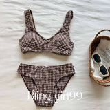 Daiiibabyyy  Moka Cocoa Retro Plaid Sexy Bikini Swimsuit Separate Strap Thermal Beach Pants Hot Springs Triangular Design Polyester Material