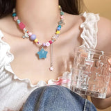Daiiibabyyy Fashion Y2K Bohemian Beaded Necklaces For Women Sweet Girl Tassel Five-pointed Star Pendant Necklace Clavicle Choker Jewelry