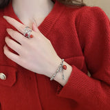 Daiiibabyyy Minar Cute Romantic Red Enamel Strawberry Flower Coin Silver Beads Bamboo Joint Elastic Strand Bracelets for Women Accessories