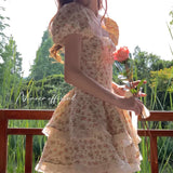 DAIIIBABYYY  -  French Bow Backless Summer Lolita Patchwork Printed Ruffles Floral Zipper Fashion Elegant Slim Casual Puff Sleeve Dresses