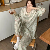 Daiiibabyyy  New Korean Sweet Style Lace Pajamas for Women Autumn Floral Bow Loose High-end Comfortable Temperature Home Wear Set