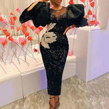 DAIIIBABYYY  -  Women Plus Size Dress Sequin Black Embroidery Chest Wrapped Puff Sleeve Sparkly Dress Cocktail Wedding Guest Classy Party Dress