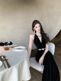 Daiiibabyyy  French Elegant Heavy Work Handmade Rhinestone Dress Women Velvet Sexy Slim Long Dress Evening Gown Fashion High Waist V-Neck