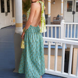Daiiibabyyy  Elegant Pattern Print Draped Summer Dress Fashion Backless Hollow Out Long Party Dress Sexy Low-cut Deep V Women Holiday Dress