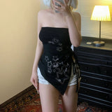 DAIIIBABYYY  -  Star-shaped Rhinestone Slit Crop Top Asymmetric Drawstring Lace-up Strapless Tube Tops for Women y2k Aesthetic Summer Tee