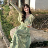 DAIIIBABYYY  -  Sweet Girl Off-shoulder Sleeveless Slim Waist Plaid Camisole Dress + Solid Color V-neck Thin Knitted Smock Cardigan 2-piece Set