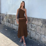 Daiiibabyyy  Casual Solid Color Off Shoulder Sleeveless Crop Top High Waist Ruffle Mini Dress with Ruched Waistband Asymmetrical Hem in