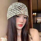Daiiibabyyy  Retro Vintage Sequin Woven Cap Y2k Knit Sequin Bucket Hat Thin Hollow Beanie Hats Summer