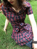 DAIIIBABYYY  -  Summer Y2k Aesthetic Plaid Vintage Slim Dress Single Breasted Mini Shirt Dresses Harajuku Bandage Grunge Punk Ruffled Vestidos