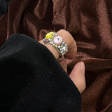 DAIIIBABYYY  -  French niche design tinfoil style bright silver textured gemstone-encrusted open ring