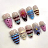 Daiiibabyyy  24Pcs French White Gradient Almond Press on Nails Flower Pattern False Nails with 3D Rhinestone Design Fake Nail Art