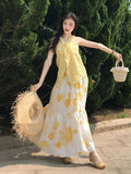 Daiiibabyyy  Women Clothing 2 Piece Sets Solid Sweet Halter Ruffled Bow Tank Top + High Waist A-line Printing Skirts Outfits Chic Summer Suit