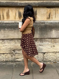 Daiiibabyyy  Dark Brown Polka Dot A-Line Mini Skirt Korean Gentle Waist Pleated Asymmetric Commute Skirt Stroll Summer Outing Outfit