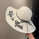 Daiiibabyyy  Straw Hat Women's Embroidered Letters Oversized Brim Straw Hat Female Summer Outdoor Show Face Small Beach Sunscreen Sun Hat