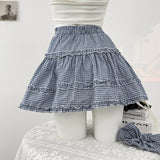 DAIIIBABYYY  -  Sweet Girl Mushroom Edge Splicing Color Contrasting Plaid Half Girls Summer 2025 High Waist A-line Layered Cake Skirt