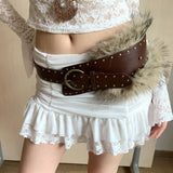 Daiiibabyyy  Fashion PU Leather Leather Fur Belt Faux Fur Rivet Furry Waistband Korean Style Spicy Girl Style Y2K Waistband Dress Decoration