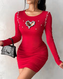DAIIIBABYYY  -  Dresses for Women New Diamond Pearl Hollow Heart Beaded Ribbed Bodycon Dress Knitted Puff Long Sleeve O-Neck Dress