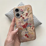 Daiiibabyyy  Pattern IND Retro Flower Phone Case with Plush Ball Bell Pendant for iPhone 11 12 13 14 15 16 17 Pro Max