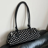 Daiiibabyyy  Y2k Polka Dot Cylindrical Handbag Ins Trendy Personality Elegant Retro Glossy Leather Exquisite Small Capacity Daily Commuting