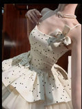 Daiiibabyyy  Elegant Princess Polka Dot Puff Dress Women Bow Strap Birthday Party Dresses Girls Sweet Ruched Design Slim Fit Outfits New