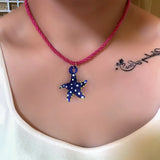 Daiiibabyyy  Ocean Style Glass Starfish Pendant Rope Chain Necklace Bohemian Fashion Jewelry Summer Vacation Daily Wearing