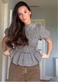 Daiiibabyyy  Women Chic Full Sleeve Stand Collar Plaid Shirts Stylish Folds Spliced Sweet Lantern Sleeve Blouse Slim-fit Commuter Pullover