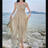 DAIIIBABYYY  -  Elegant Sexy Asymmetric Sleeveless Pleated Backless Chiffon Slip Dresses Fairy A-line Summer Slim Women Beach Vacation Clothing