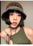 DAIIIBABYYY  -  Mori Girl Bucket Hat Japanese Hand-woven Hollowed-out Contrasting Fisherman's Cap Sweet and Cute Lace-up Straw Beach Caps