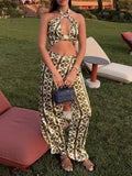 Daiiibabyyy  Women Elegant Sleeveless Hight Waist Party Romper Fashion Pattern Print Slim Playsuit Sexy Halter Neck Hollow Out Long Jumpsuit