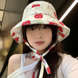 DAIIIBABYYY  -  Y2K Cute Apple Print Bucket Hats for Women Spring and Summer New Korean Outdoor Leisure Sunscreen Versatile Strap Sun Hat