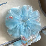 Daiiibabyyy  1Pc Elegant Light Blue Organza Scrunchie With Goldfish & Bead Details: Fairy - Like Hair Accessory For Women, Perfect For Daily