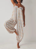 Daiiibabyyy  Vintage Pattern Print High Waist Summer Playsuits Elegant V-neck Tie-up Suspender Romper Casual Sleeveless Loose Women Jumpsuit