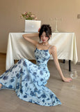DAIIIBABYYY  -  New Blue Floral Mesh Chic Sling Maxi Dress Women Elegant Casual Beach Style Dress Summer Korean Fashion Bodycon Party Dress