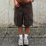 Daiiibabyyy  Women's Summer Shorts Cotton Mid Waist Drawstring Short Pants Olive Green Flap Pocket Casual Shorts Brown Loose Fit Cargo Shorts