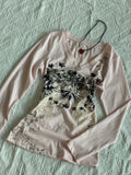 Daiiibabyyy  Pink Printed Long Sleeved T-shirt Women Spring New American Hong Kong Style Waist Cinched V-neck Y2k Top Trend