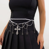 DAIIIBABYYY  -  Steampunk Metal Mesh Tassel Cross Pendant Waist Chain Sexy Gothic Imitation Pearl Body Chain Women's Bar Body Jewelry